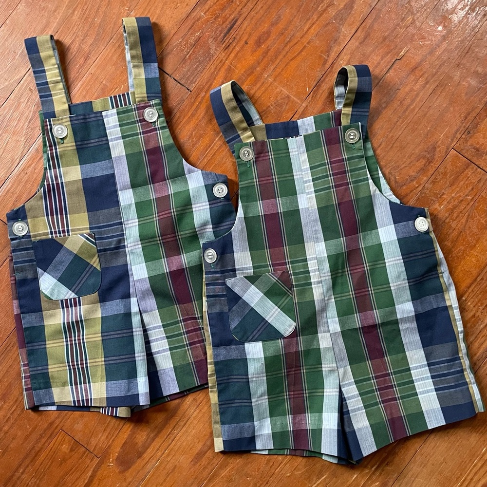 Vintage 60s Healthtex Matching Sibling Pair Toddler Plaid Shortalls, 2T & 3T